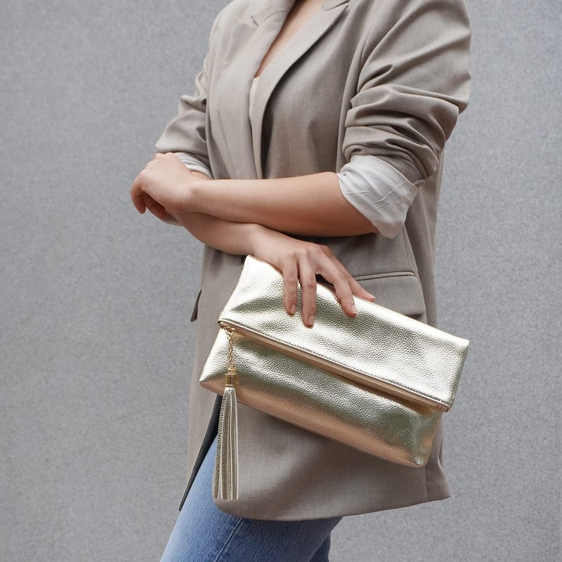 JNB Women's Cracked Metallic Fabric Foldover Clutch with Tassel - Image 5
